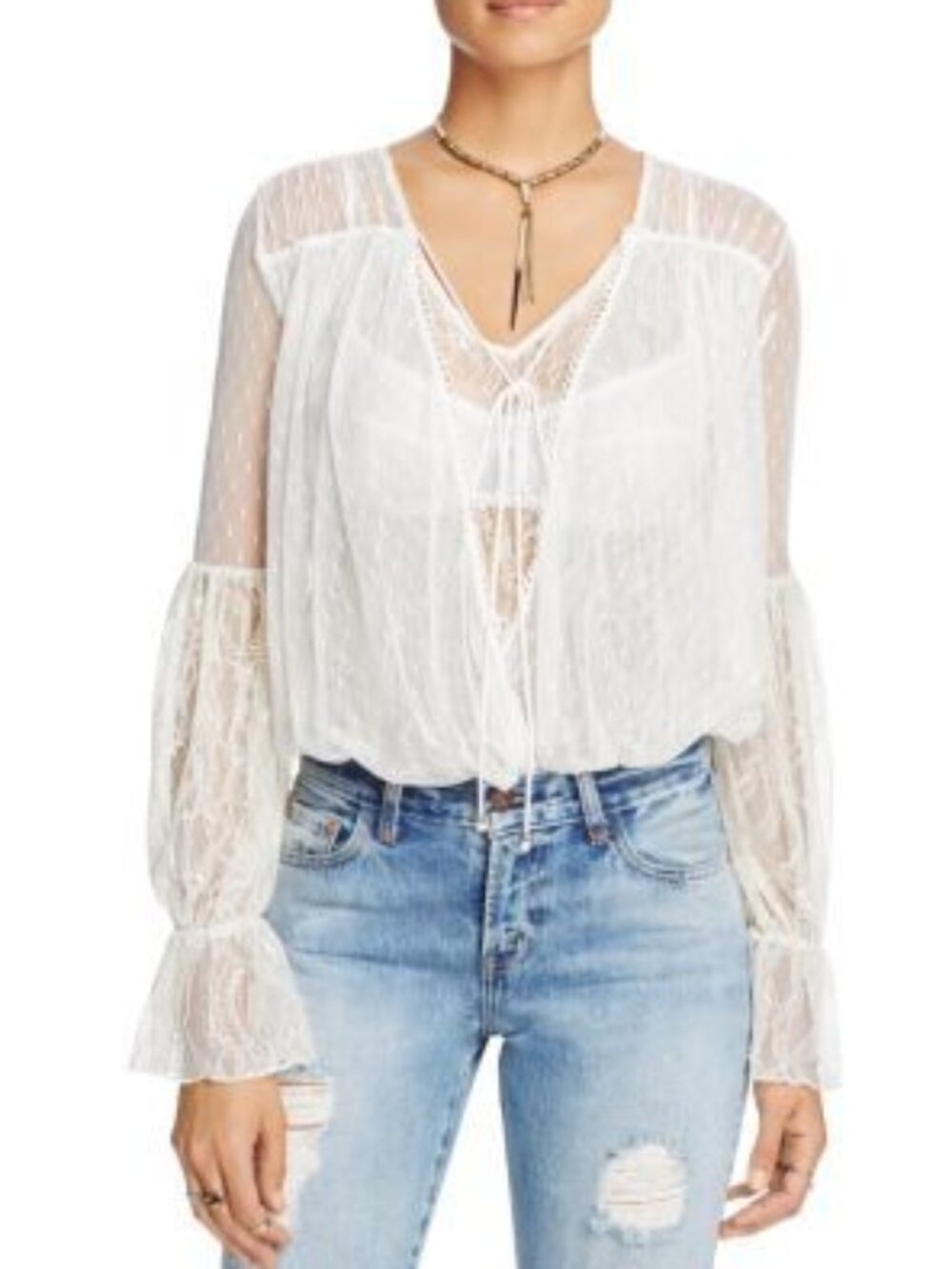 Free People Far Away Top Sheer Blouse Lace Cream Boho Romantic Feminine Small